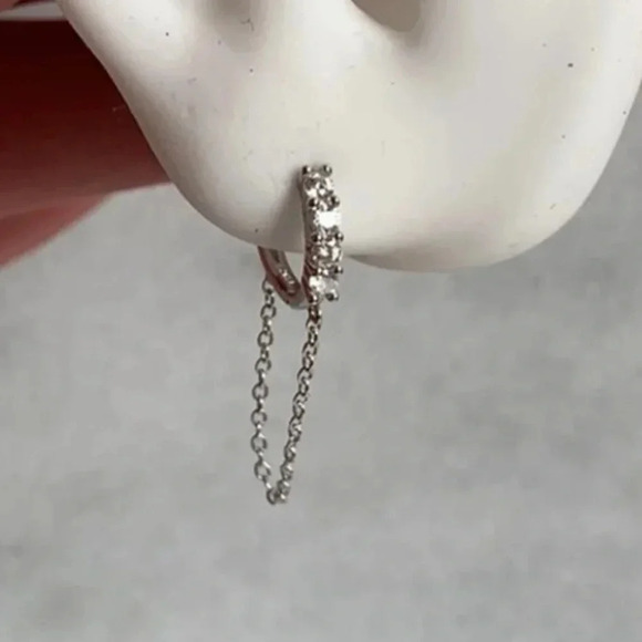 Crystal Huggie Hoop Chain Silver Earrings - Picture 4 of 4